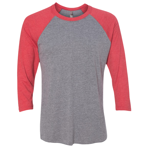 Next Level Apparel Unisex Triblend Three-Quarter Raglan T-Shirt, Vintage Red Sleeves / Premium Heather Body, Front view