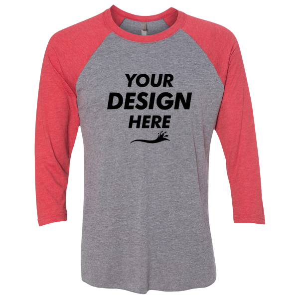 Next Level Apparel Unisex Triblend Three-Quarter Raglan T-Shirt, Vintage Red Sleeves / Premium Heather Body, Front view, Mockup