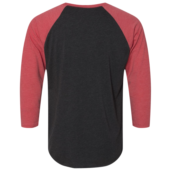 Next Level Apparel Unisex Triblend Three-Quarter Raglan T-Shirt, Vintage Red Sleeves / Vintage Black Body, Back view