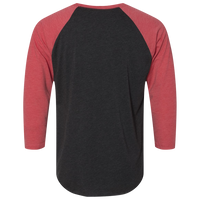 Next Level Apparel Unisex Triblend Three-Quarter Raglan T-Shirt, Vintage Red Sleeves / Vintage Black Body, Back view