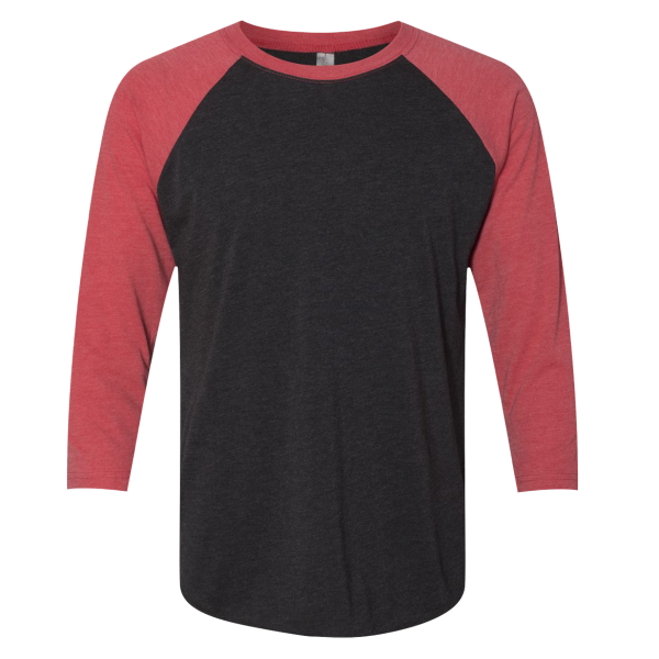 Next Level Apparel Unisex Triblend Three-Quarter Raglan T-Shirt, Vintage Red Sleeves / Vintage Black Body, Front view