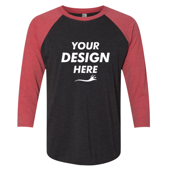 Next Level Apparel Unisex Triblend Three-Quarter Raglan T-Shirt, Vintage Red Sleeves / Vintage Black Body, Front view, Mockup