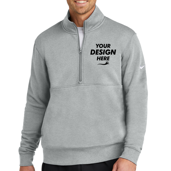 Nike Club Fleece Sleeve Swoosh 1/2 Zip, Dark Grey Heather, Front view, Mockup