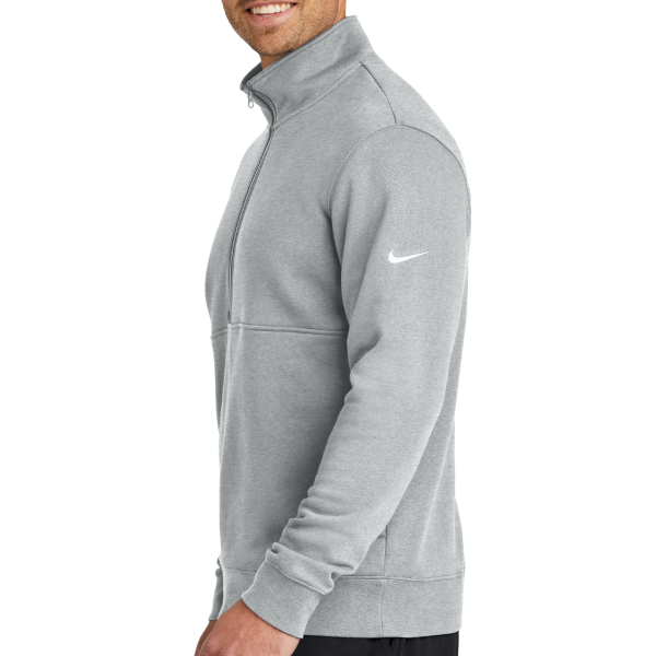 Nike Club Fleece Sleeve Swoosh 1/2 Zip, Dark Grey Heather, Left Sleeve view