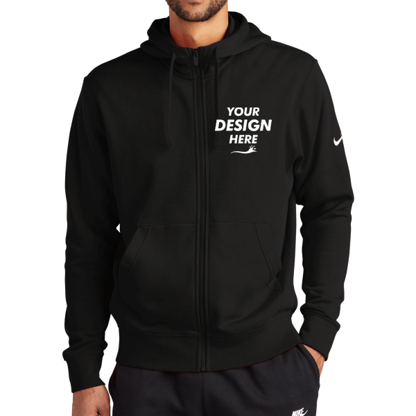 Nike Club Fleece Sleeve Swoosh Full Zip Hoodie, Black, Front view, Mockup