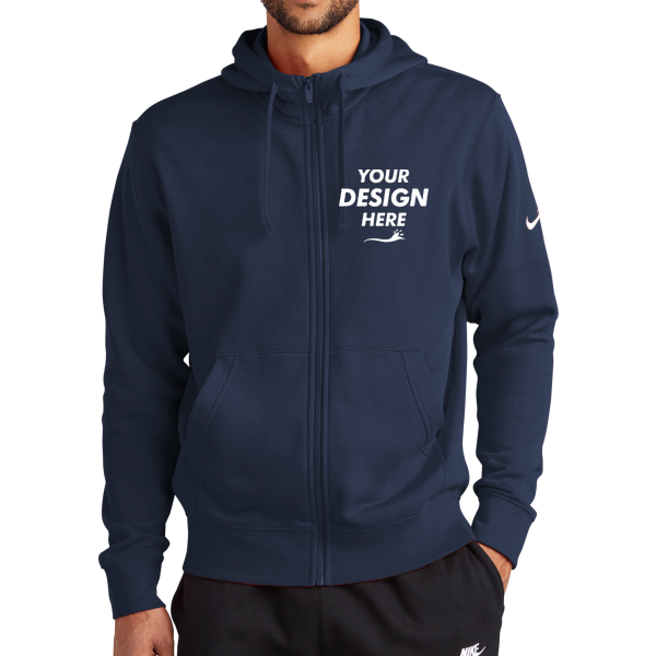 Nike Club Fleece Sleeve Swoosh Full Zip Hoodie, Midnight Navy, Front view, Mockup