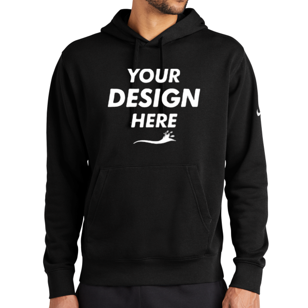 Nike Club Fleece Sleeve Swoosh Pullover Hoodie, Black, Front view, Mockup