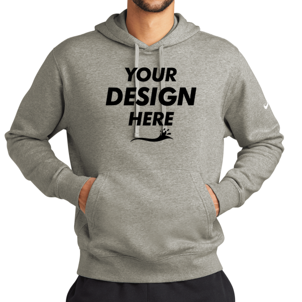 Nike Club Fleece Sleeve Swoosh Pullover Hoodie, Dark Grey Heather, Front view, Mockup