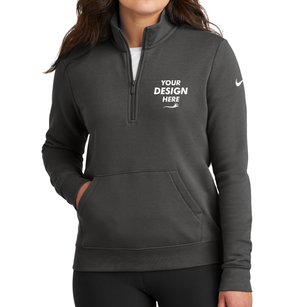 Nike Women's Club Fleece Sleeve Swoosh 1/2 Zip, Anthracite, Front view, Mockup