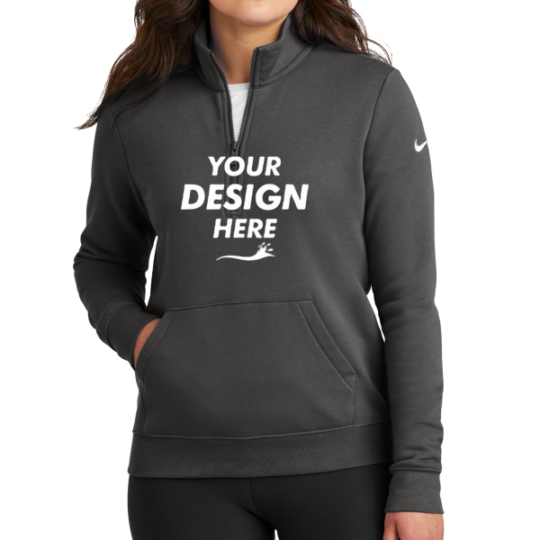 Nike Women's Club Fleece Sleeve Swoosh 1/2 Zip, Anthracite, Front view, Mockup