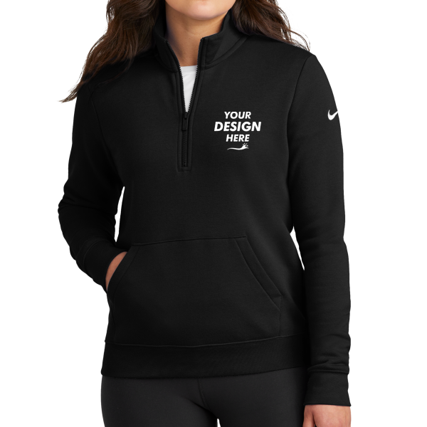 Nike Women's Club Fleece Sleeve Swoosh 1/2 Zip, Black, Front view, Mockup