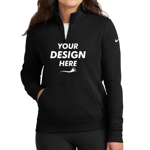 Nike Women's Club Fleece Sleeve Swoosh 1/2 Zip, Black, Front view, Mockup