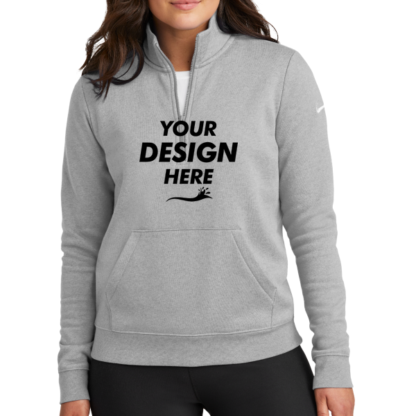 Nike Women's Club Fleece Sleeve Swoosh 1/2 Zip, Dark Grey Heather, Front view, Mockup