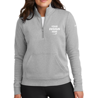 Nike Women's Club Fleece Sleeve Swoosh 1/2 Zip, Dark Grey Heather, Front view, Mockup