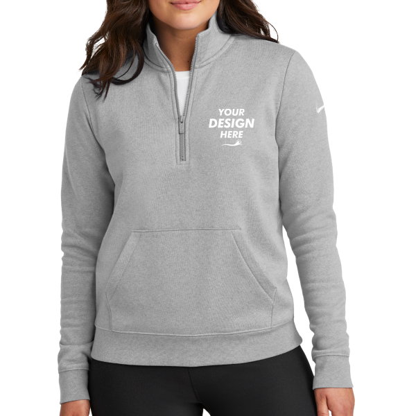 Nike Women's Club Fleece Sleeve Swoosh 1/2 Zip, Dark Grey Heather, Front view, Mockup
