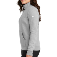 Nike Women's Club Fleece Sleeve Swoosh 1/2 Zip, Dark Grey Heather, Left Sleeve view