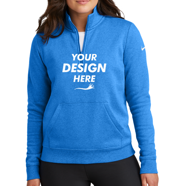 Nike Women's Club Fleece Sleeve Swoosh 1/2 Zip, Light Game Royal Heather, Front view, Mockup