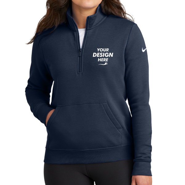 Nike Women's Club Fleece Sleeve Swoosh 1/2 Zip, Midnight Navy, Front view, Mockup