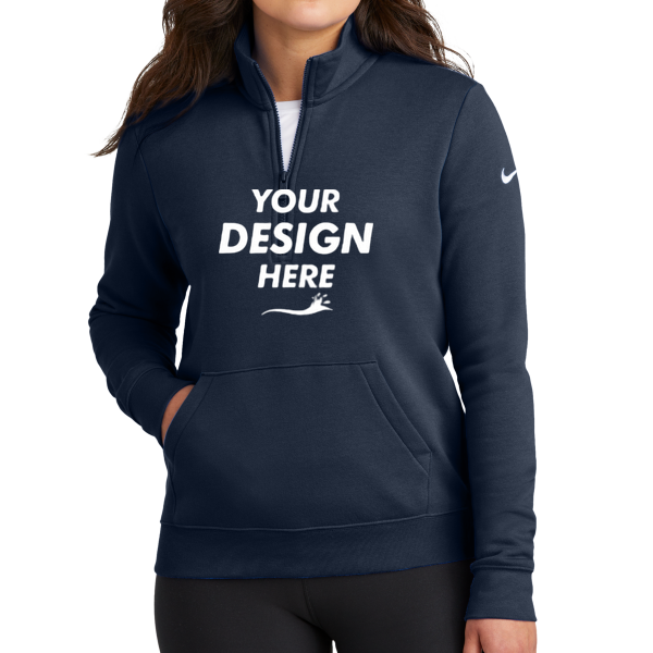 Nike Women's Club Fleece Sleeve Swoosh 1/2 Zip, Midnight Navy, Front view, Mockup
