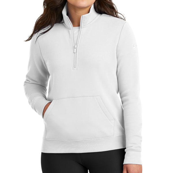 Nike Women's Club Fleece Sleeve Swoosh 1/2 Zip, White, Front view