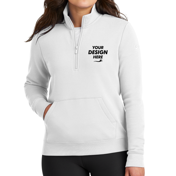 Nike Women's Club Fleece Sleeve Swoosh 1/2 Zip, White, Front view, Mockup