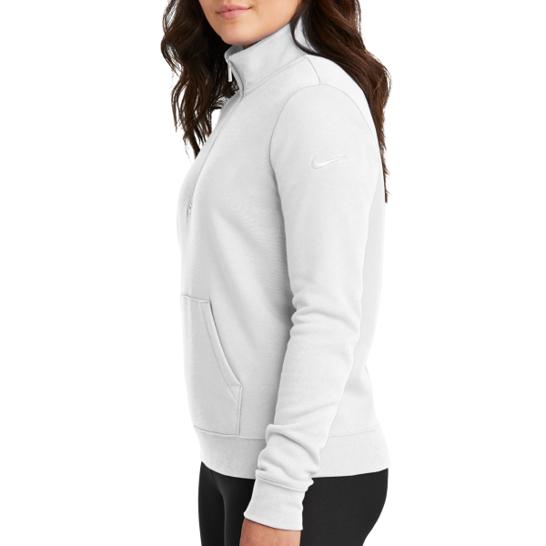 Nike Women's Club Fleece Sleeve Swoosh 1/2 Zip, White, Left Sleeve view