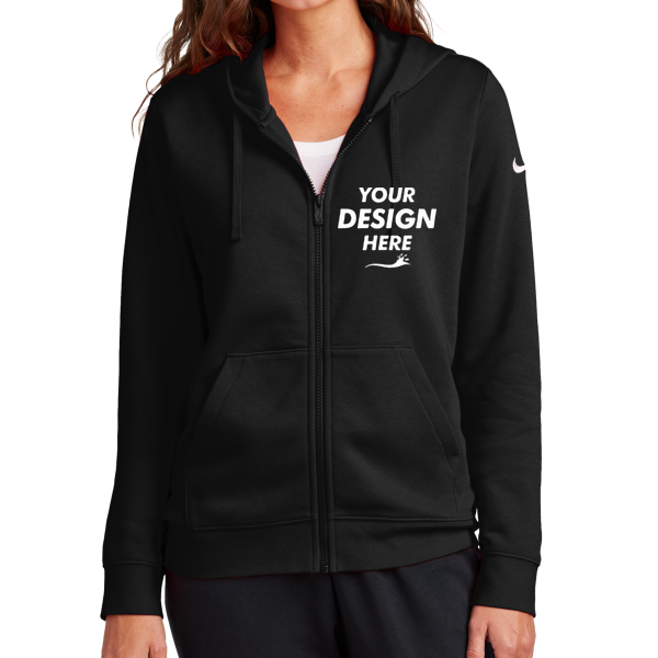 Nike Women's Club Fleece Sleeve Swoosh Full Zip Hoodie, Black, Front view, Mockup
