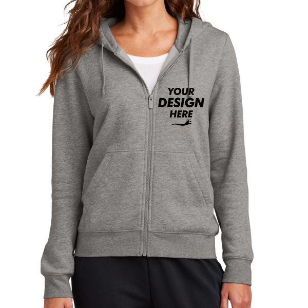 Nike Women's Club Fleece Sleeve Swoosh Full Zip Hoodie, Charcoal Heather, Front view, Mockup