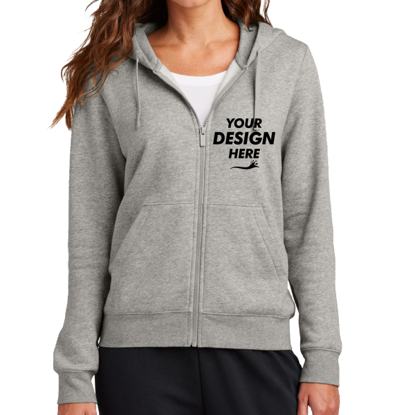 Nike Women's Club Fleece Sleeve Swoosh Full Zip Hoodie, Dark Grey Heather, Front view, Mockup