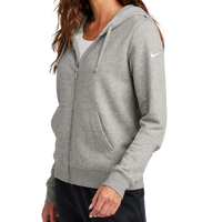 Nike Women's Club Fleece Sleeve Swoosh Full Zip Hoodie, Dark Grey Heather, Left Sleeve view