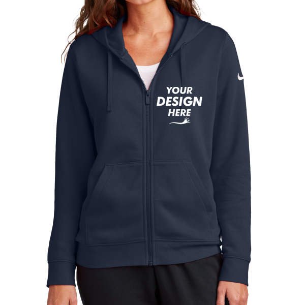Nike Women's Club Fleece Sleeve Swoosh Full Zip Hoodie, Midnight Navy, Front view, Mockup