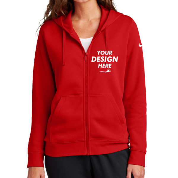 Nike Women's Club Fleece Sleeve Swoosh Full Zip Hoodie, University Red, Front view, Mockup