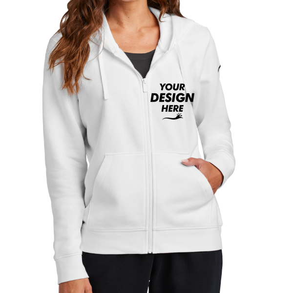 Nike Women's Club Fleece Sleeve Swoosh Full Zip Hoodie, White, Front view, Mockup