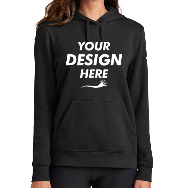 Nike Women's Club Fleece Sleeve Swoosh Pullover Hoodie, Black, Front view, Mockup