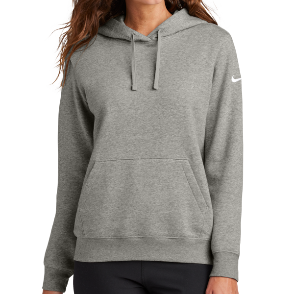 Nike Women's Club Fleece Sleeve Swoosh Pullover Hoodie, Dark Grey Heather, Front view