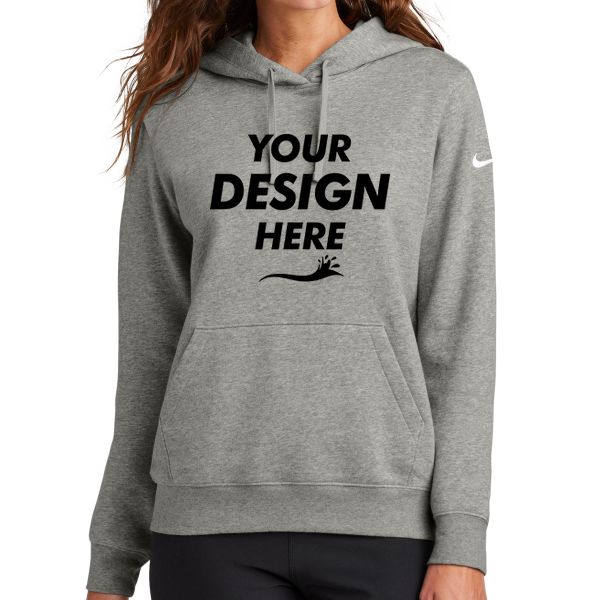 Nike Women's Club Fleece Sleeve Swoosh Pullover Hoodie, Dark Grey Heather, Front view, Mockup