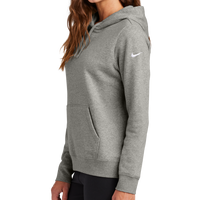 Nike Women's Club Fleece Sleeve Swoosh Pullover Hoodie, Dark Grey Heather, Left Sleeve view