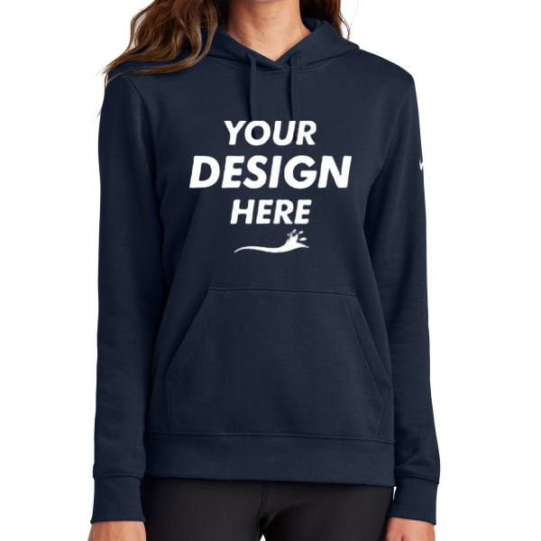 Nike Women's Club Fleece Sleeve Swoosh Pullover Hoodie, Midnight Navy, Front view, Mockup