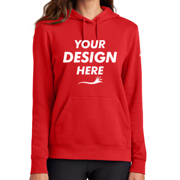 Nike Women's Club Fleece Sleeve Swoosh Pullover Hoodie, University Red, Front view, Mockup