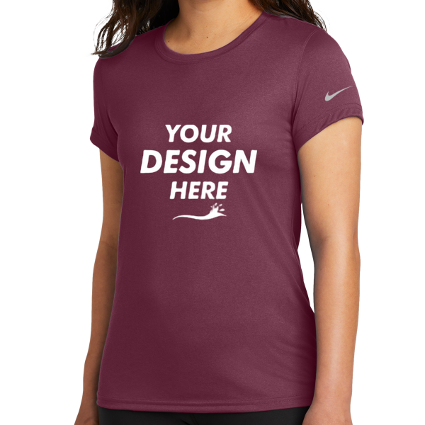 Nike Women's Swoosh Sleeve rLegend Tee, Deep Maroon, Front view, Mockup