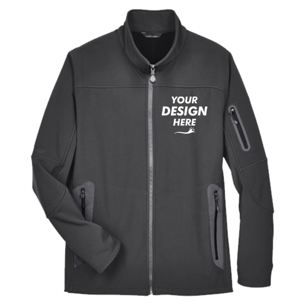 North End Men's Three Layer Fleece Bonded Shell Technical Jacket, Graphite, Front view, Mockup