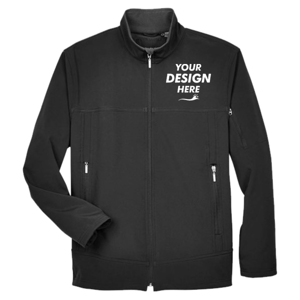 North End Men's Three Layer Fleece Performance Soft Shell Jacket, Black, Front view, Mockup