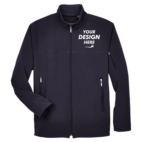 North End Men's Three Layer Fleece Performance Soft Shell Jacket, Midnight Navy, Front view, Mockup