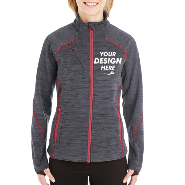 North End Women's Flux Mélange Bonded Fleece Jacket, Carbon / Olympic Red, Front view, Mockup