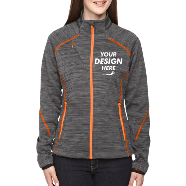 North End Women's Flux Mélange Bonded Fleece Jacket, Carbon / Orange Soda, Front view, Mockup