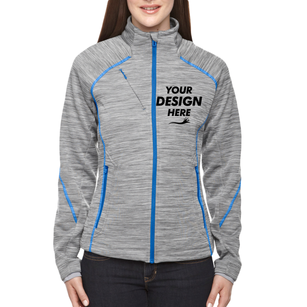 North End Women's Flux Mélange Bonded Fleece Jacket, Platinum / Olympic Blue, Front view, Mockup