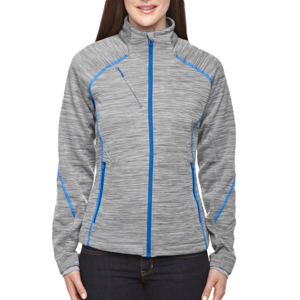 North End Women's Flux Mélange Bonded Fleece Jacket, Platinum / Olympic Blue, Front view