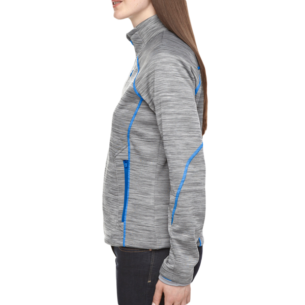 North End Women's Flux Mélange Bonded Fleece Jacket, Platinum / Olympic Blue, Left Sleeve view