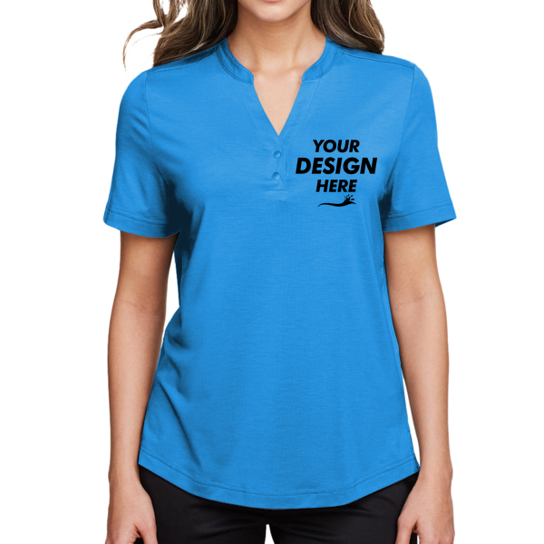 North End Women's JAQ Snap-Up Stretch Performance Polo, Light Nautical Blue, Front view, Mockup