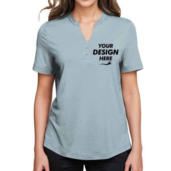 North End Women's JAQ Snap-Up Stretch Performance Polo, Opal Blue, Front view, Mockup